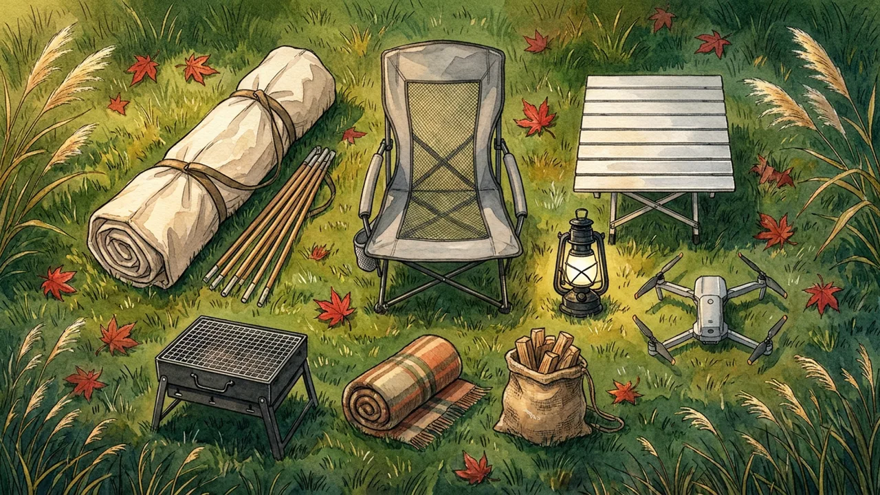 The rental kit laid out on the ranch grass — bell tent, chair, table, lantern, grill, sleeping bag, mat, drone, speaker
