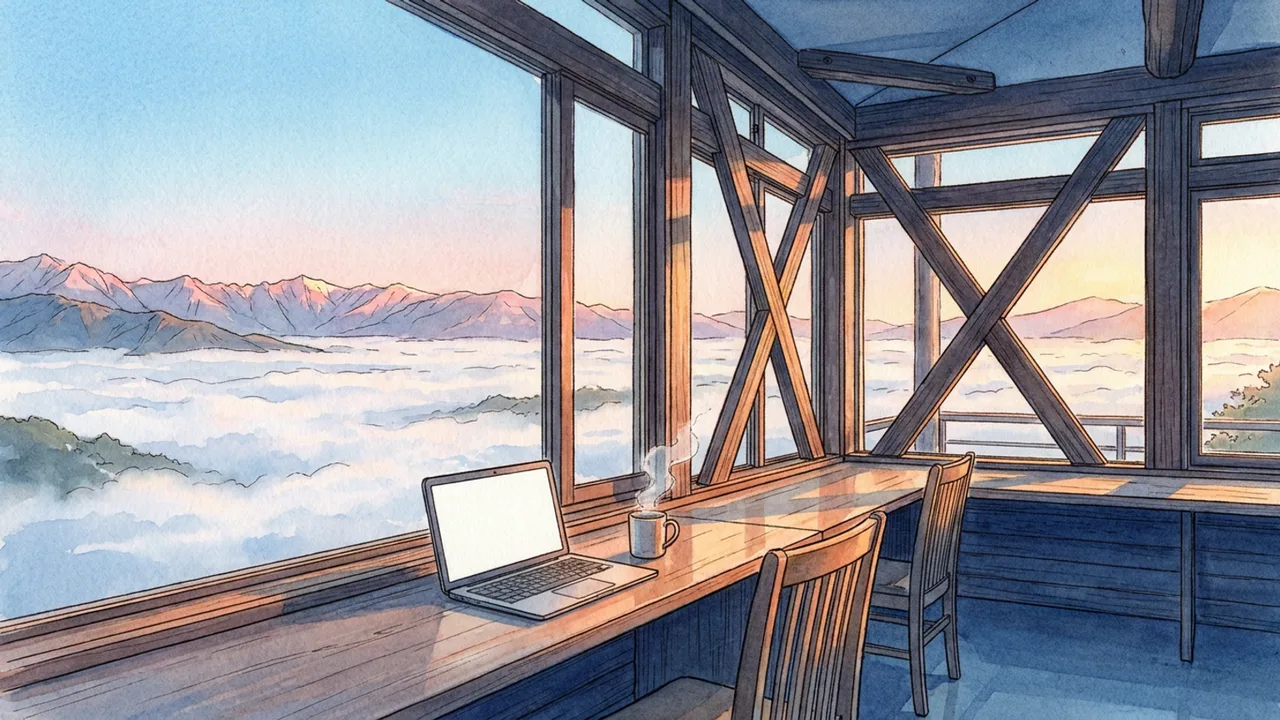 朝いちばんの窓ぎわの席 — マグ、ノートPC、雲海に浮かぶ山並み