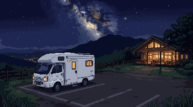夜の牧場のドット絵 — 灯りのない大駐車場に停めたキャンピングカー、窓明かりの本館、尾根の上の星空