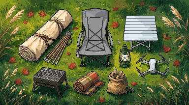 The rental kit laid out on the grass, in pixel art — a rolled tent and poles, a chair, a table, a lantern, a grill, a blanket, a sack of firewood, a drone