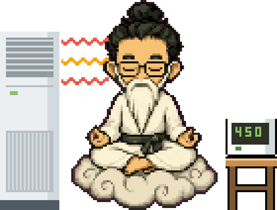 Sennin Kenji sitting at ease in the warm air of a heat pump, a CO2 meter in green beside him
