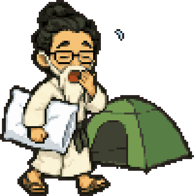 枕を抱えてあくびしながらテントへ向かう仙人けんじ